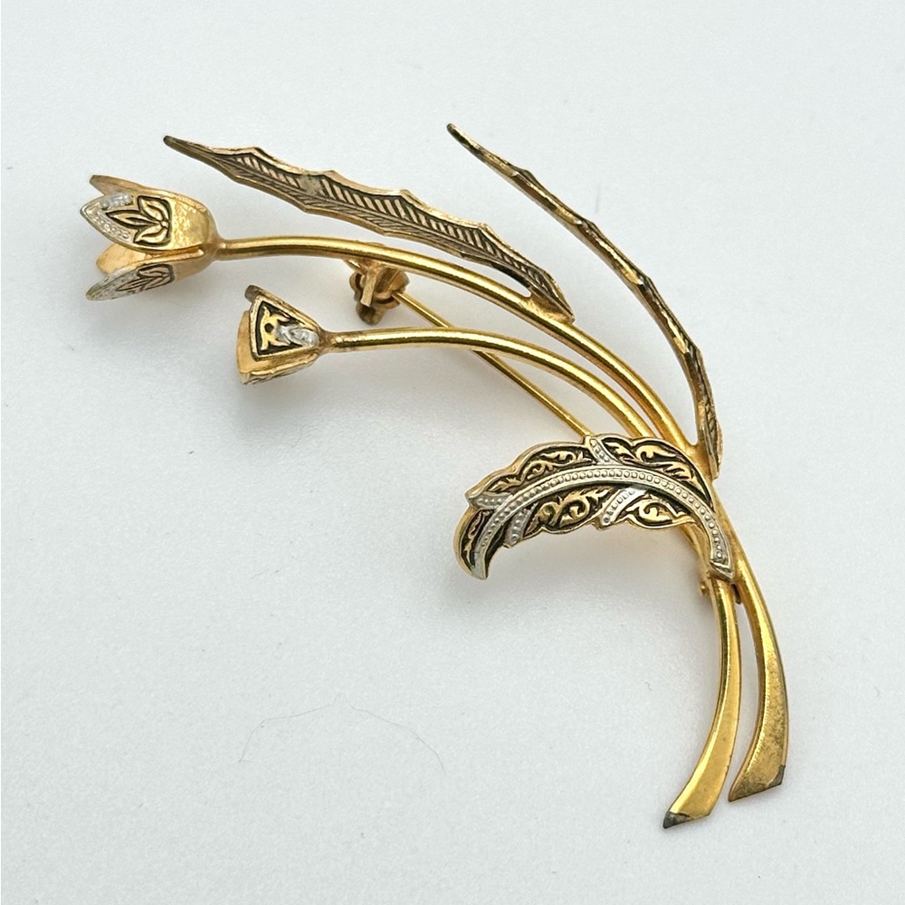 Vintage Damascene Flower Brooch Gold Tone Sprig Pin Floral Leaves